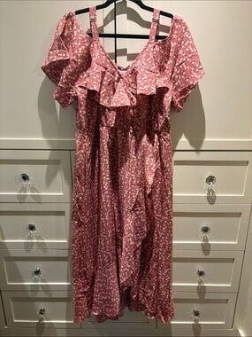 Women’s Pink Floral Ruffle Cold-Shoulder Dress